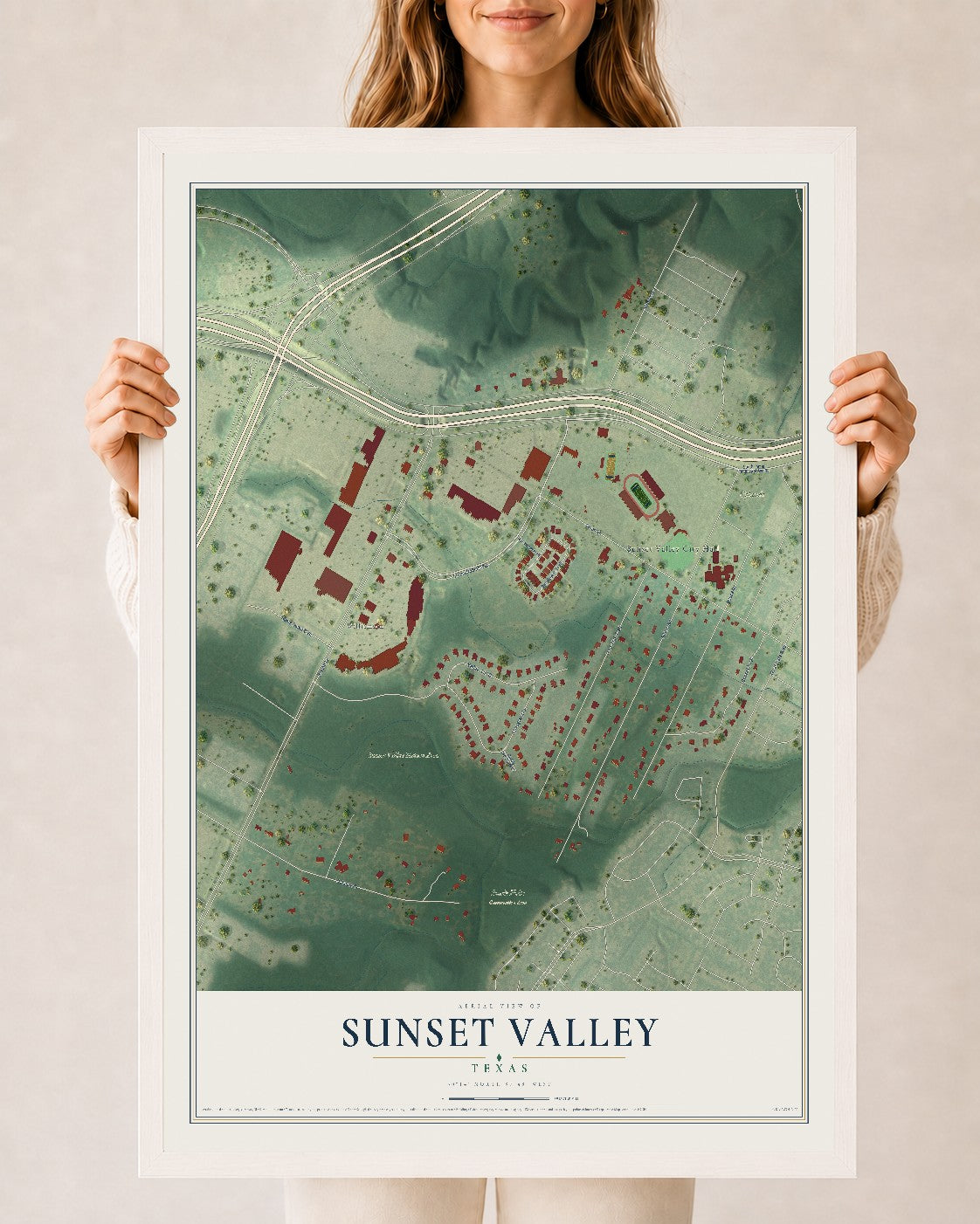 Map of Sunset Valley, Texas, 24 x 36 inch print in a white wood frame