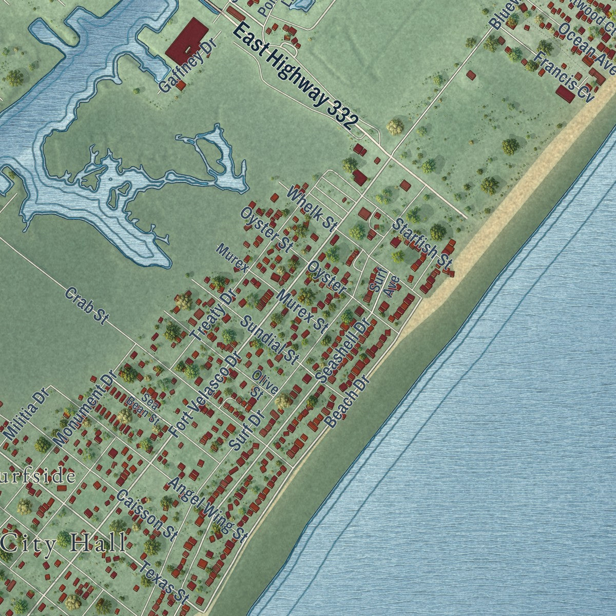 Close-up of the map of Surfside Beach, Texas print showing street and building detail