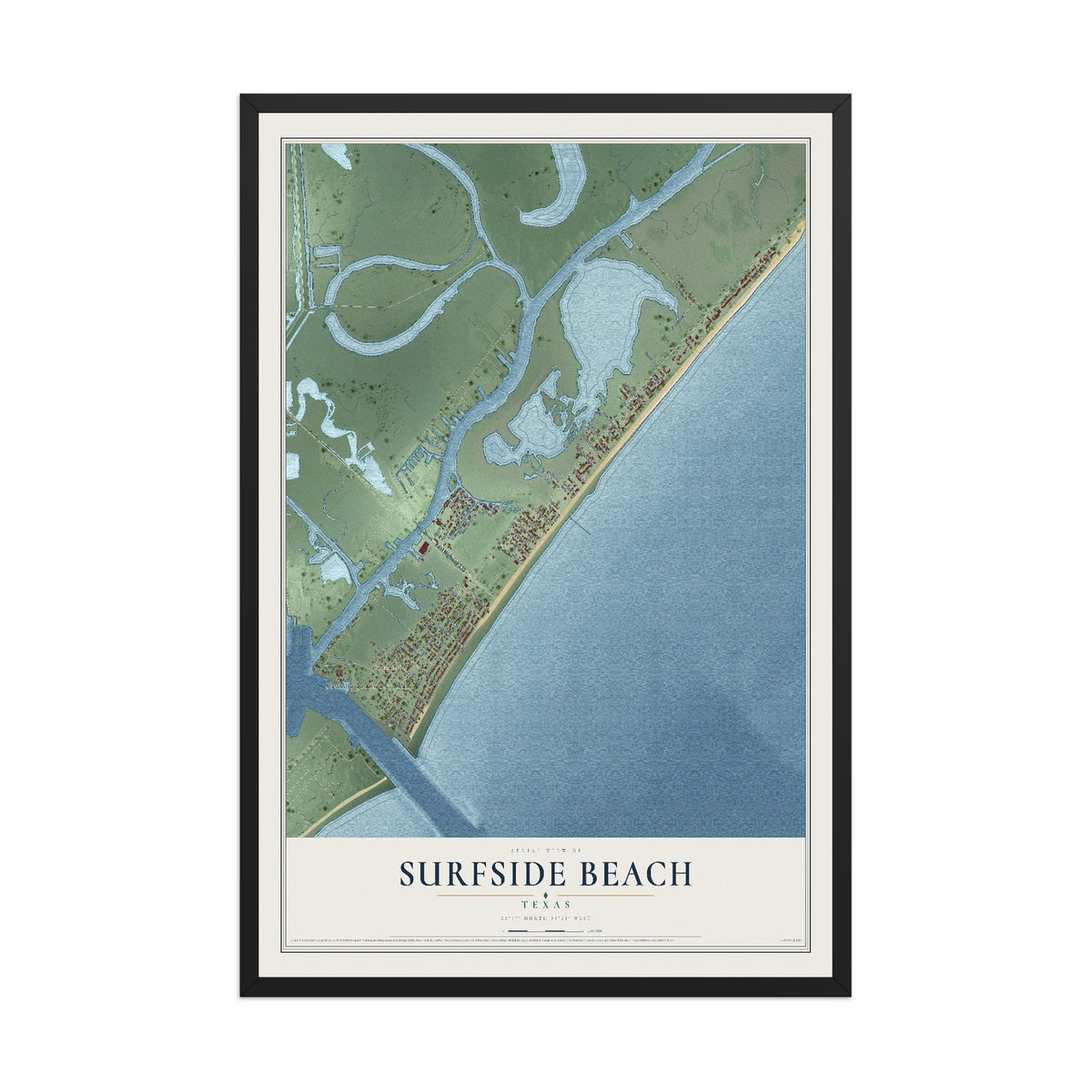 Map of Surfside Beach, Texas, 12 x 18 inch print in a black wood frame