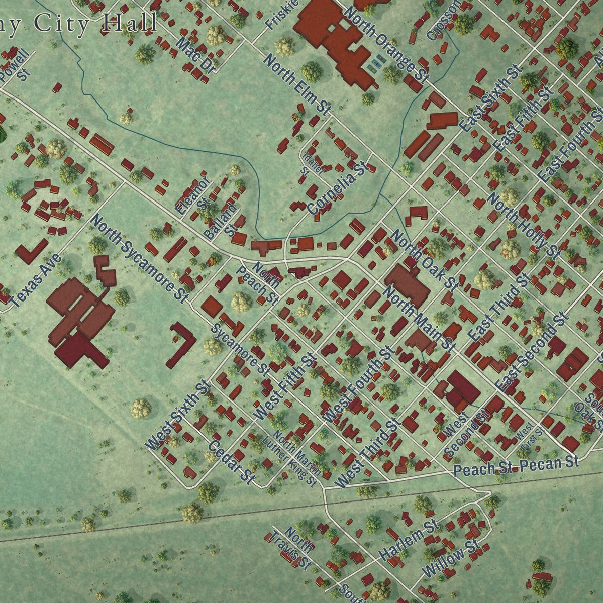 Close-up of the map of Sweeny, Texas print showing street and building detail
