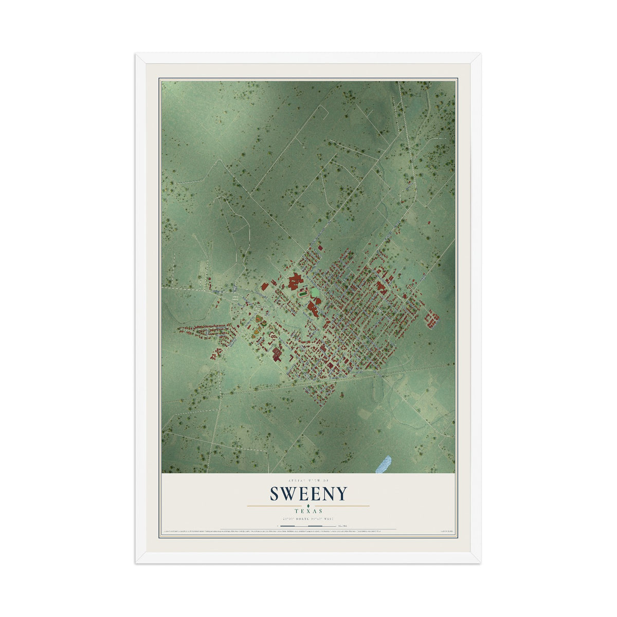 Map of Sweeny, Texas, 12 x 18 inch print in a white wood frame