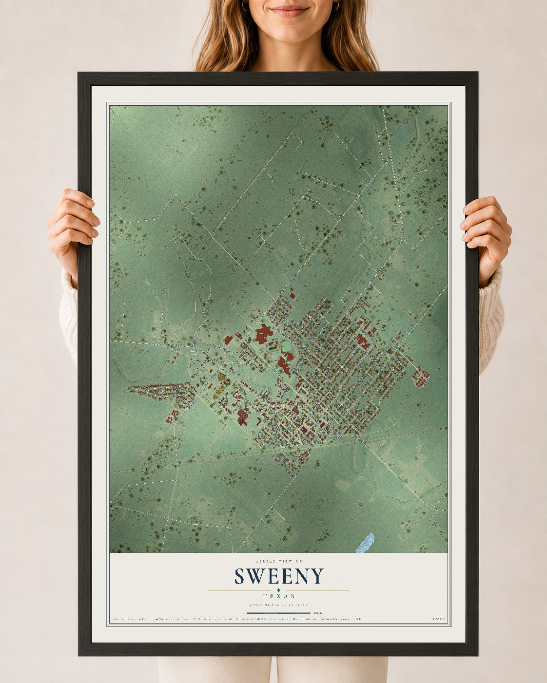 Map of Sweeny, Texas, 24 x 36 inch print in a black wood frame