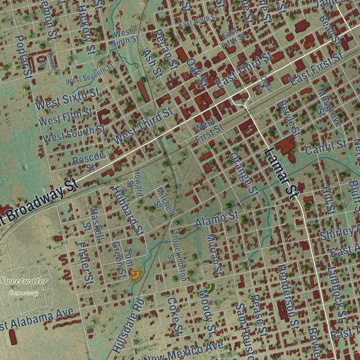 Close-up of the map of Sweetwater, Texas print showing street and building detail