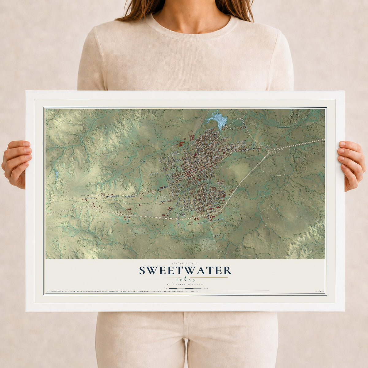 Map of Sweetwater, Texas, 12 x 18 inch print in a white wood frame