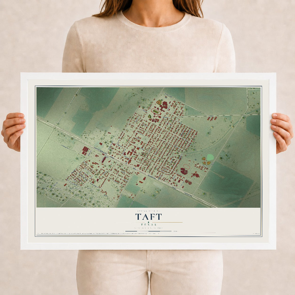 Map of Taft, Texas, 12 x 18 inch print in a white wood frame