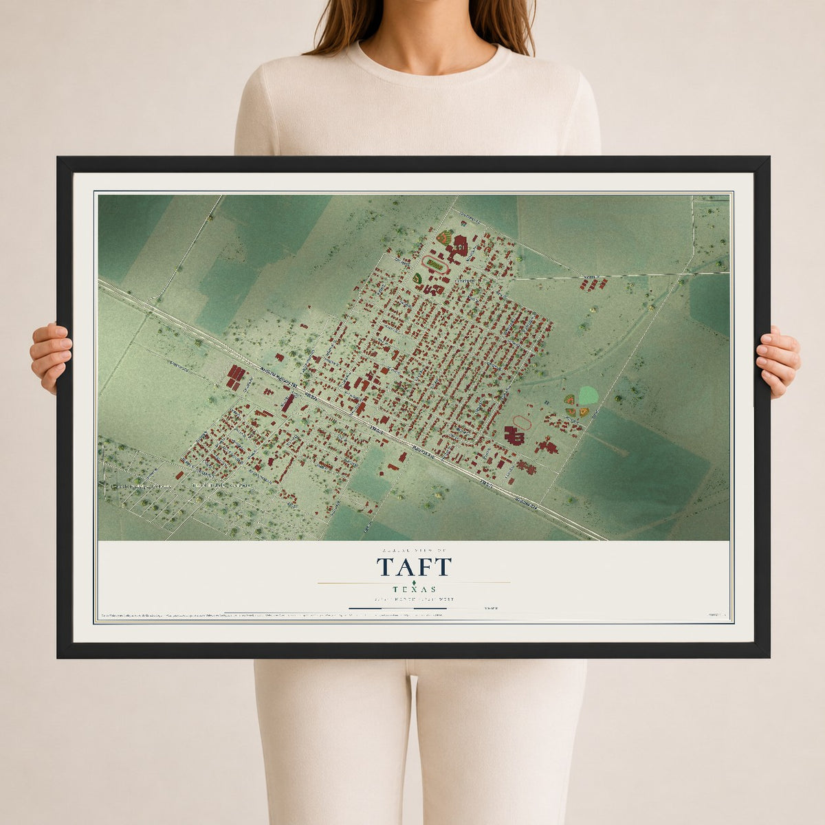 Map of Taft, Texas, 24 x 36 inch print in a black wood frame