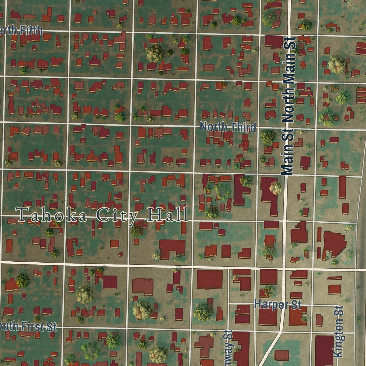 Close-up of the map of Tahoka, Texas print showing street and building detail
