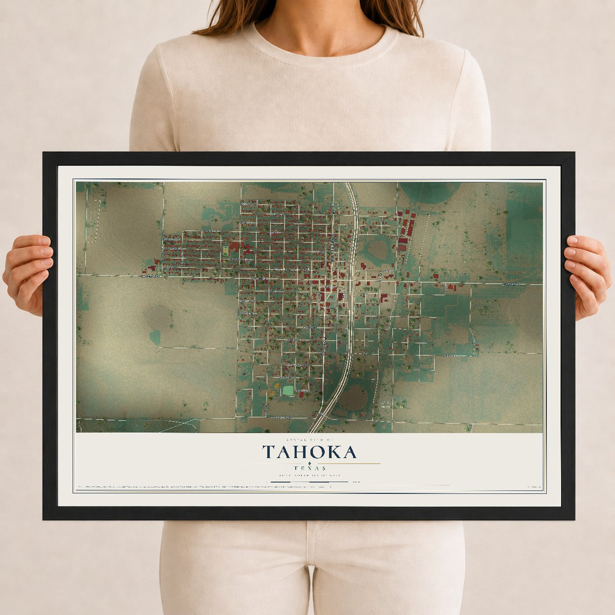 Map of Tahoka, Texas, 12 x 18 inch print in a black wood frame