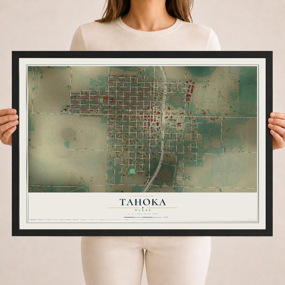 Map of Tahoka, Texas, 18 x 24 inch print in a black wood frame