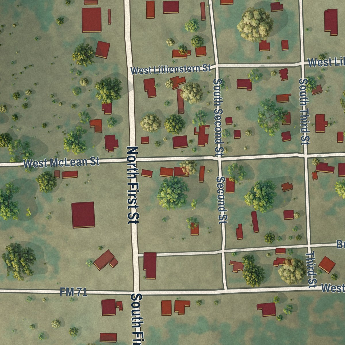 Second close-up of the map of Talco, Texas print showing more streets and buildings