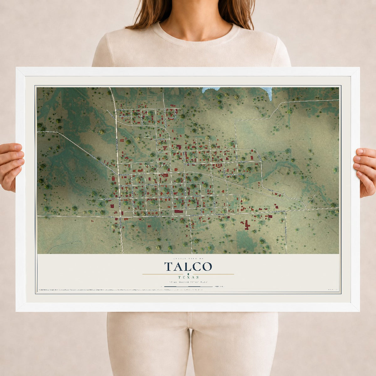 Map of Talco, Texas, 18 x 24 inch print in a white wood frame