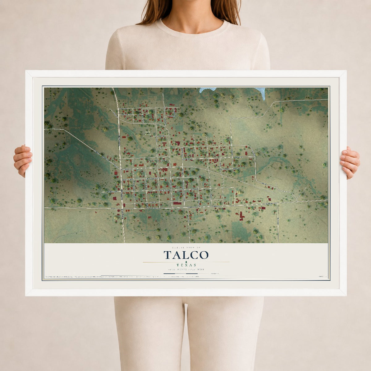 Map of Talco, Texas, 24 x 36 inch print in a white wood frame