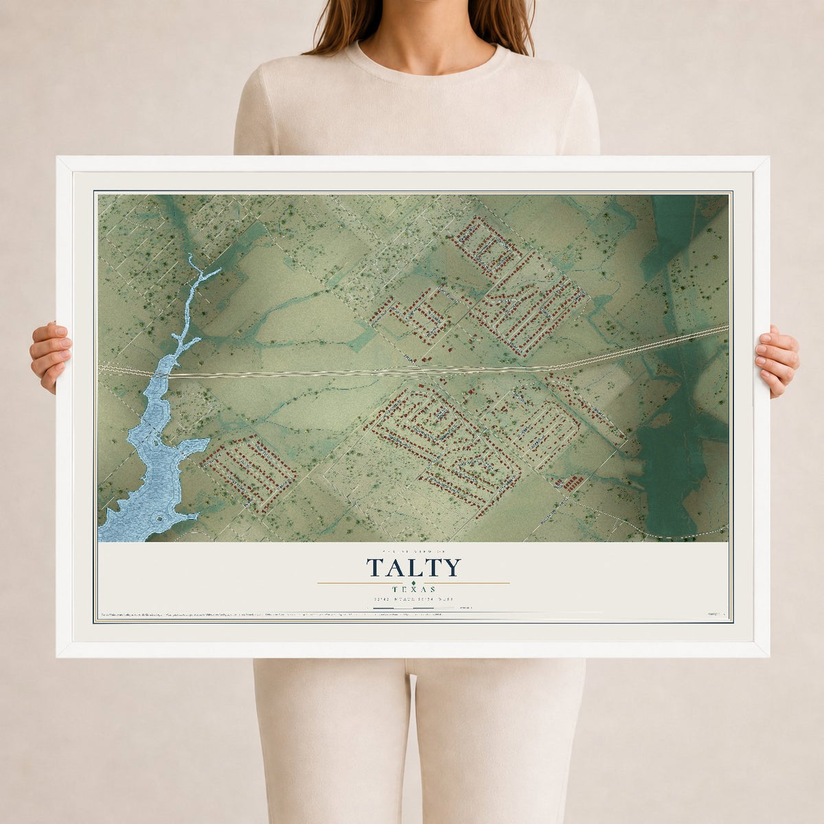 Map of Talty, Texas, 24 x 36 inch print in a white wood frame