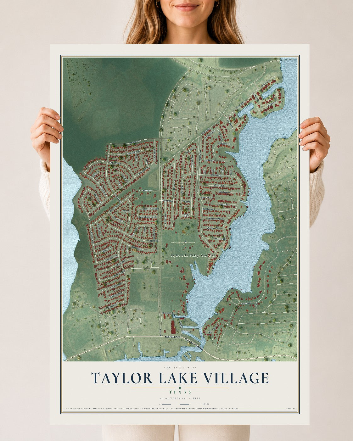 Map of Taylor Lake Village, Texas, 24 x 36 inch unframed archival matte print