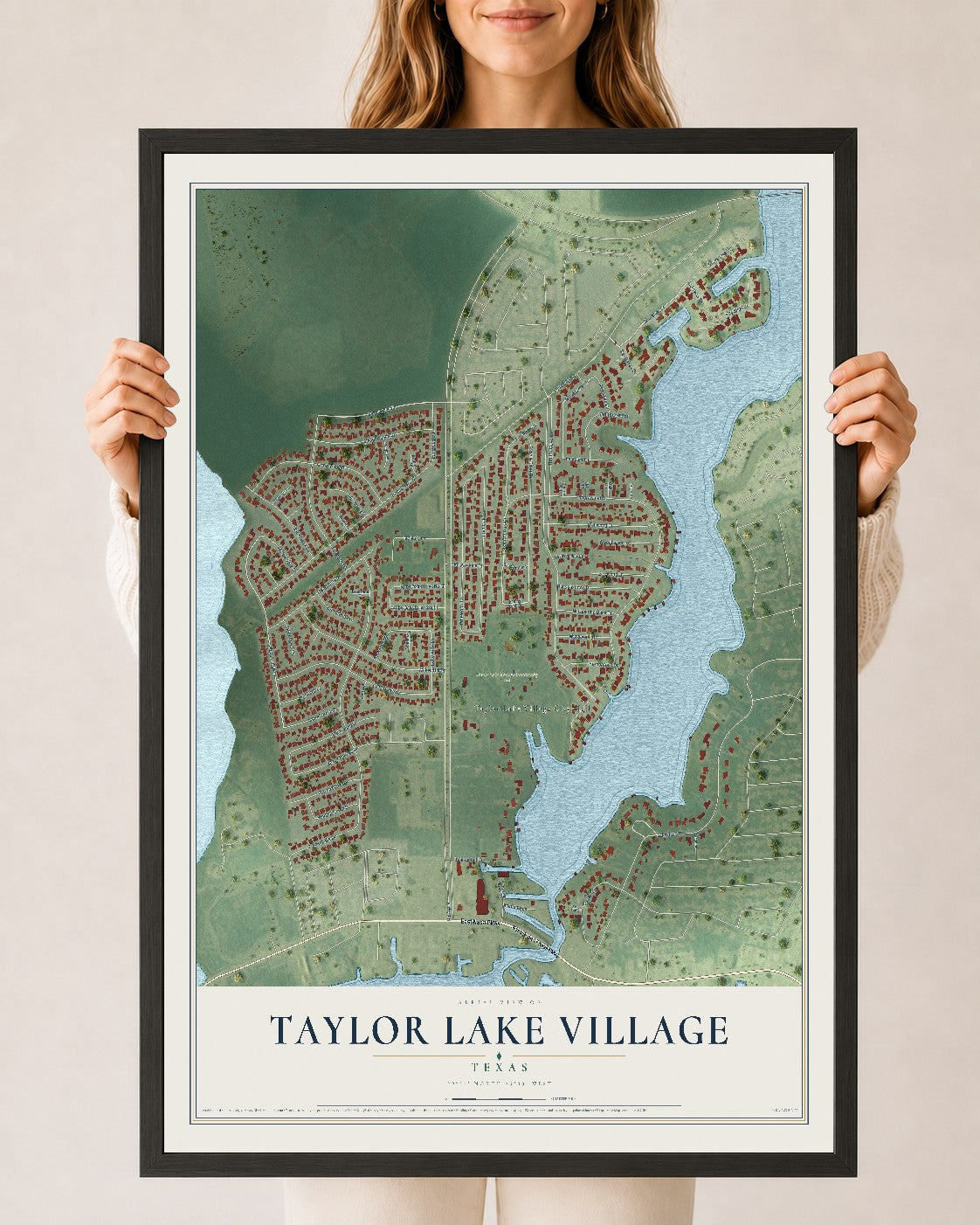 Map of Taylor Lake Village, Texas, 24 x 36 inch print in a black wood frame