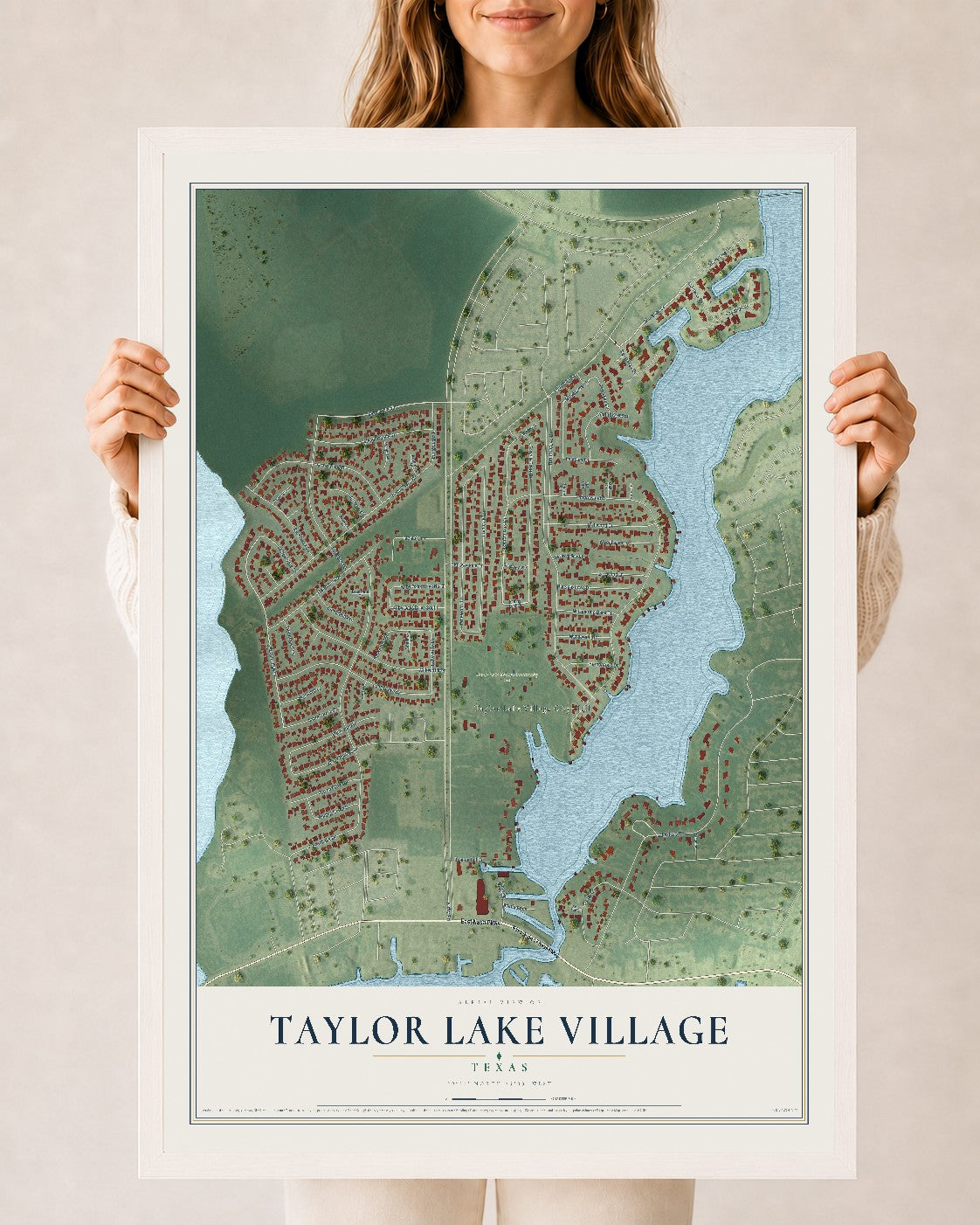 Map of Taylor Lake Village, Texas, 24 x 36 inch print in a white wood frame