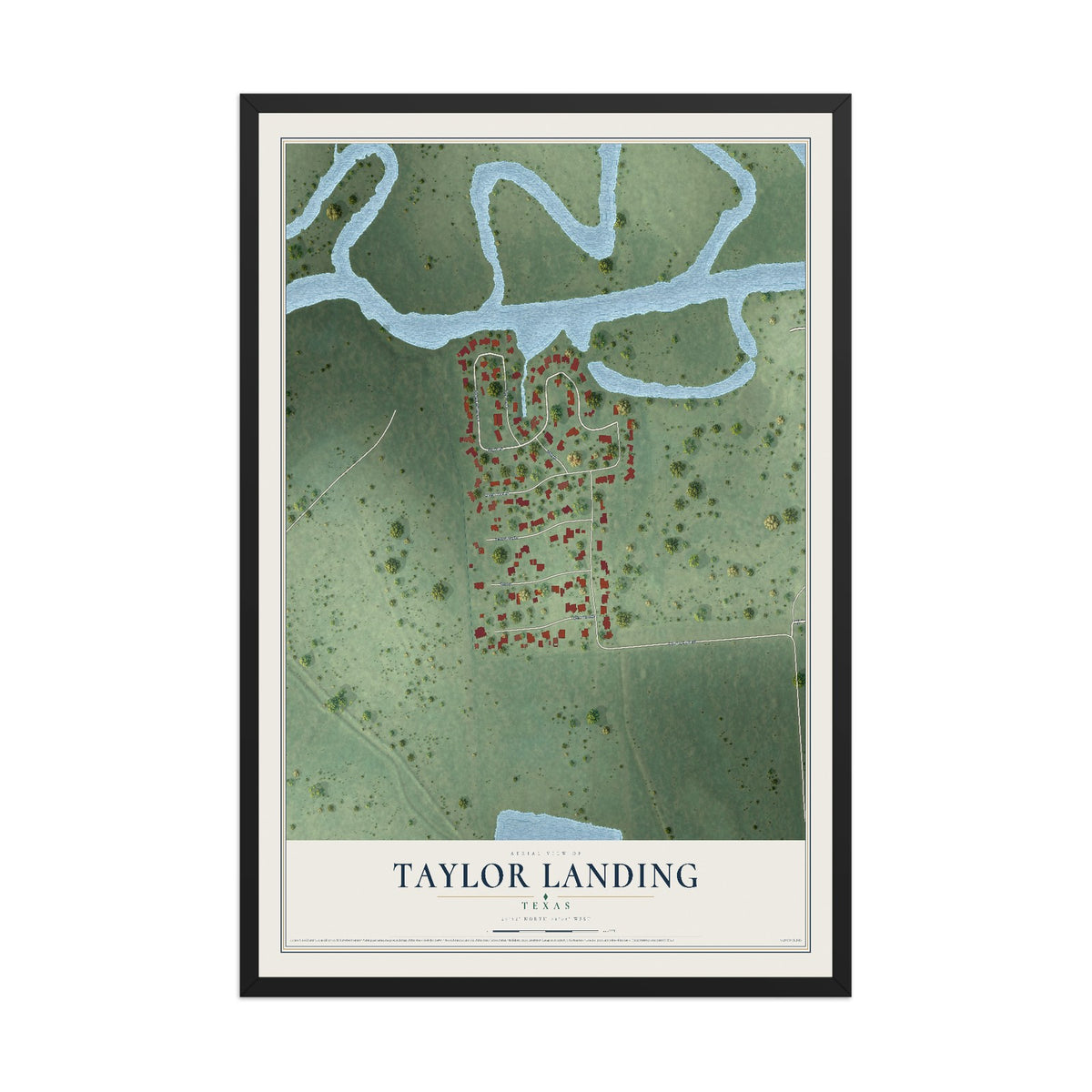 Map of Taylor Landing, Texas, 12 x 18 inch print in a black wood frame