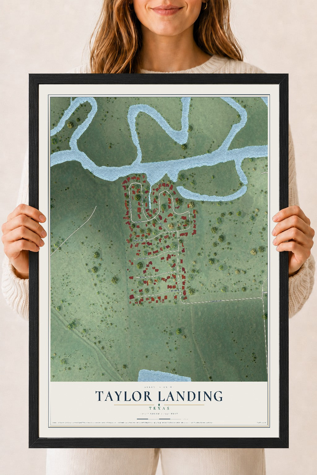 Map of Taylor Landing, Texas, 18 x 24 inch print in a black wood frame