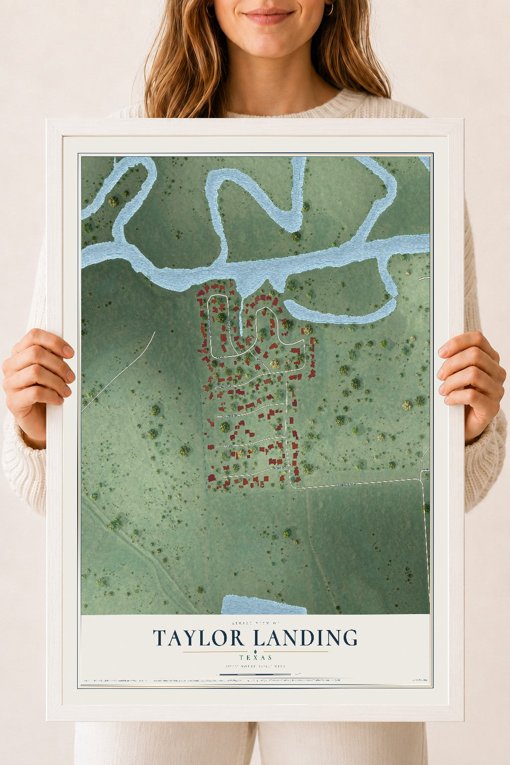 Map of Taylor Landing, Texas, 18 x 24 inch print in a white wood frame