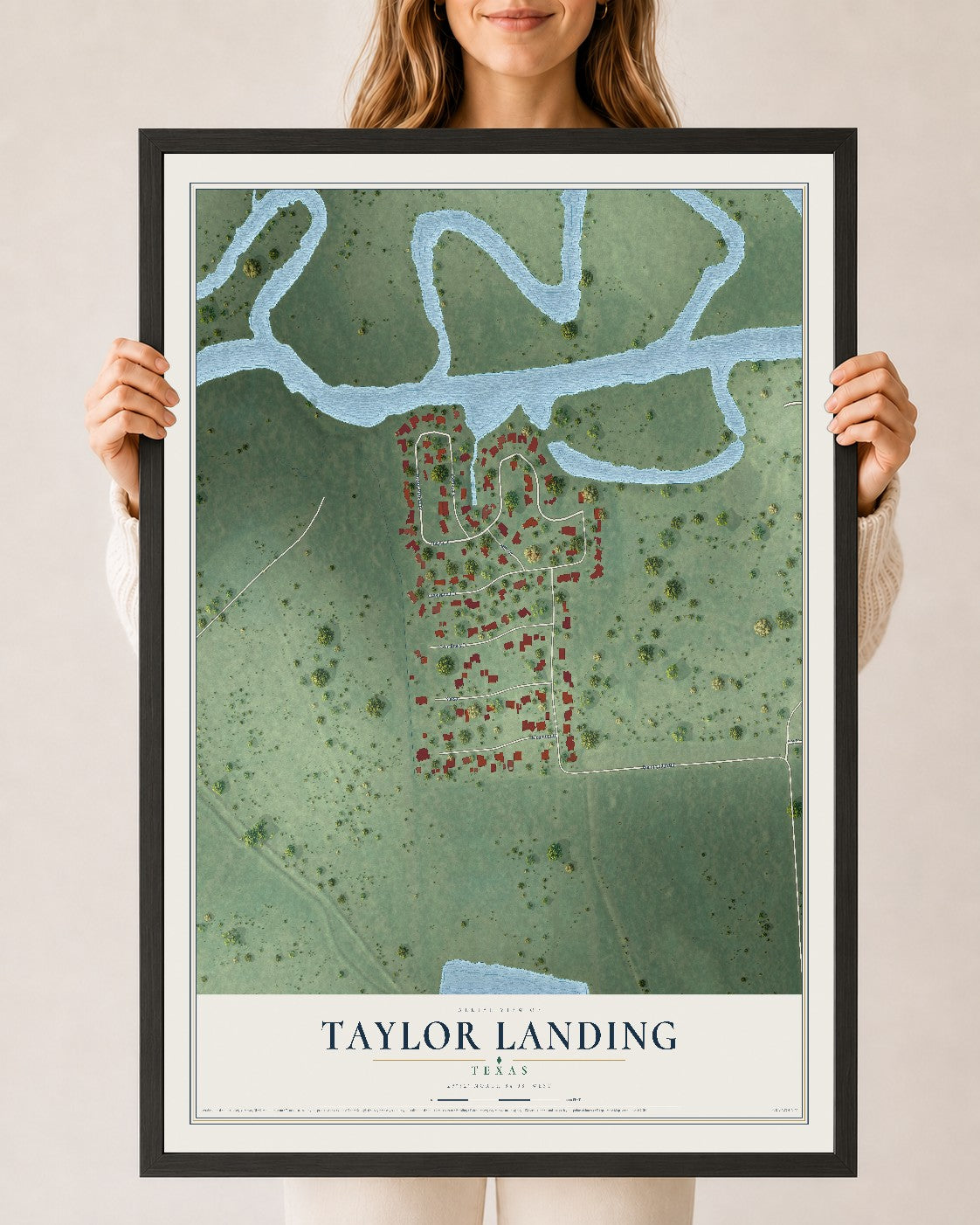 Map of Taylor Landing, Texas, 24 x 36 inch print in a black wood frame