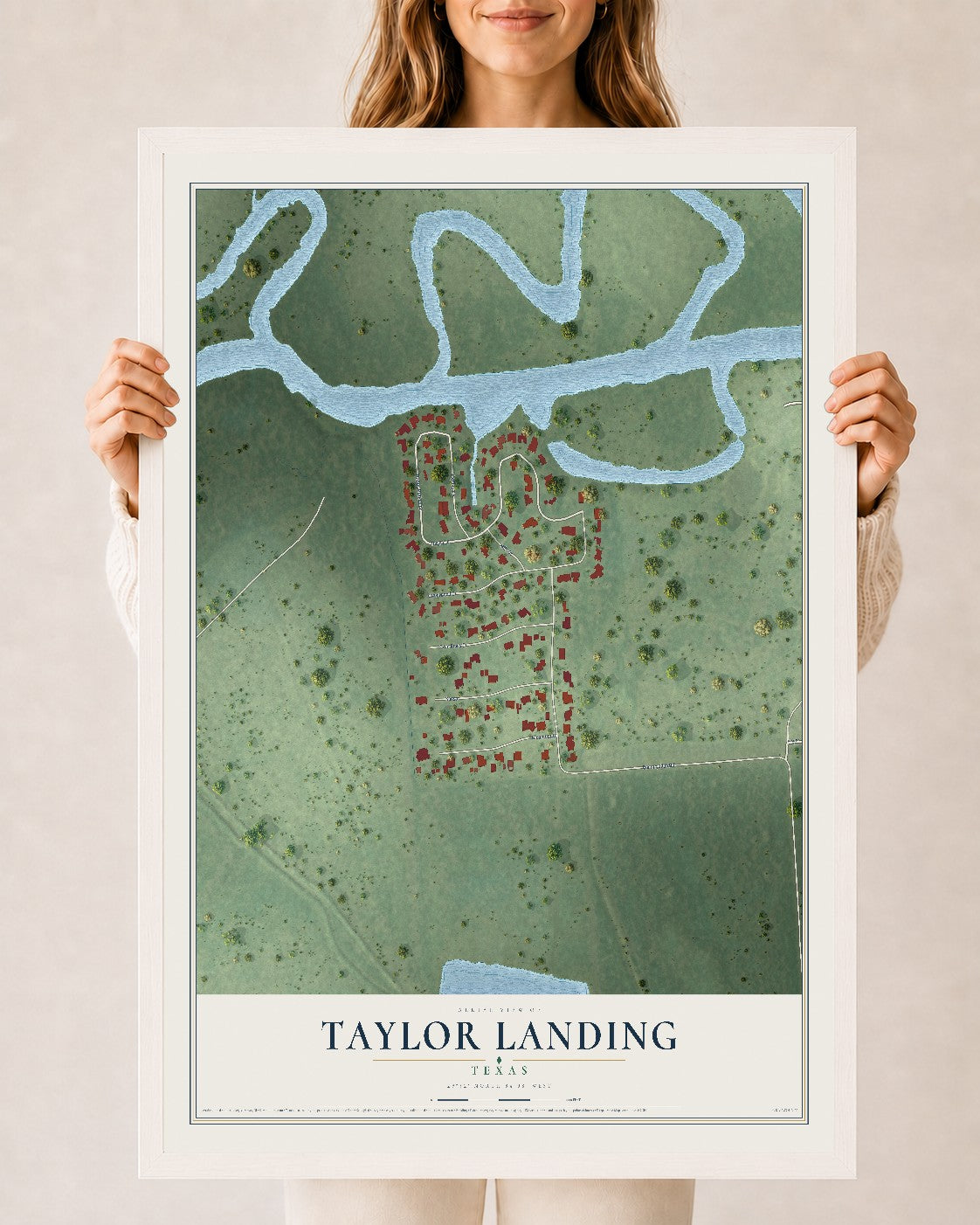 Map of Taylor Landing, Texas, 24 x 36 inch print in a white wood frame