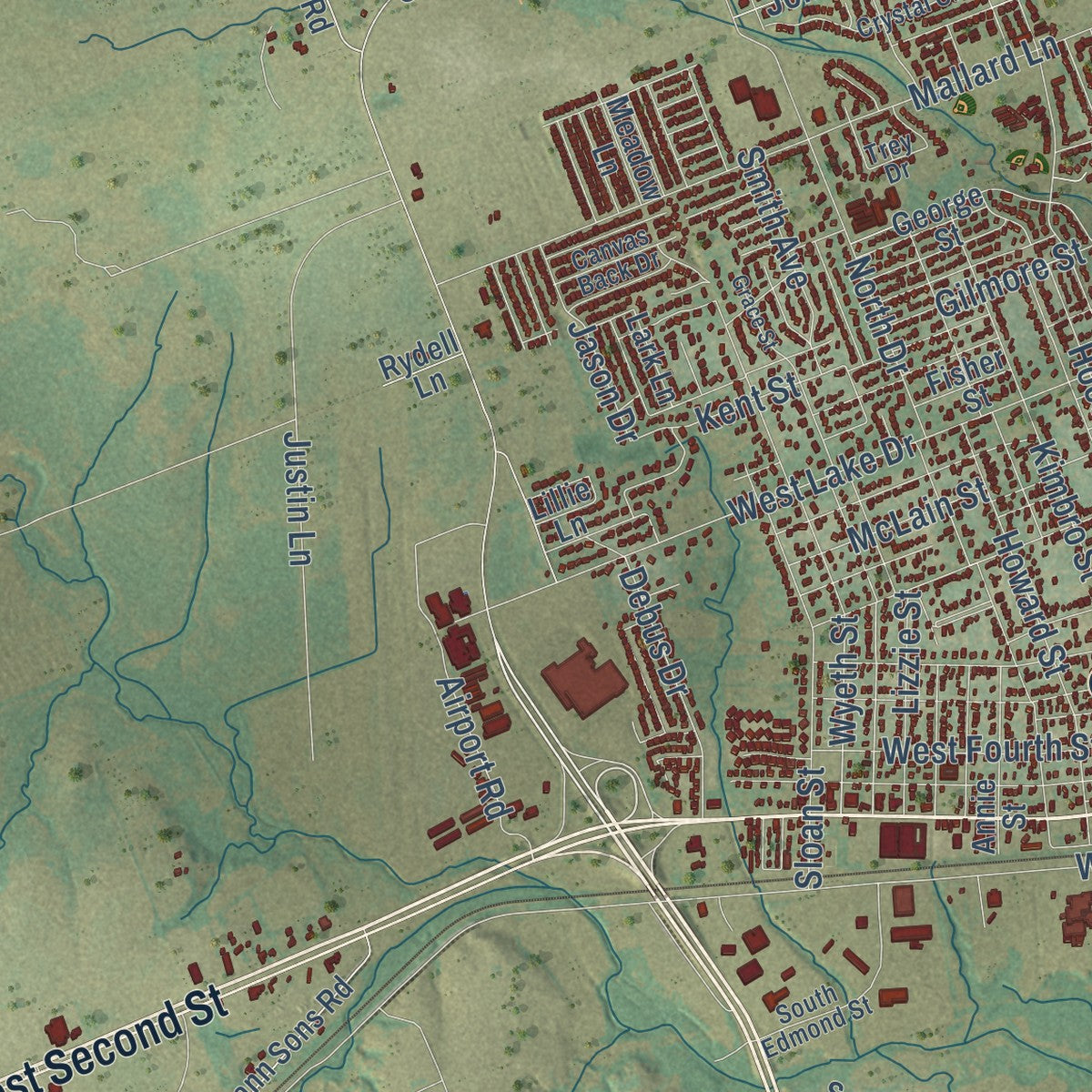 Close-up of the map of Taylor, Texas print showing street and building detail
