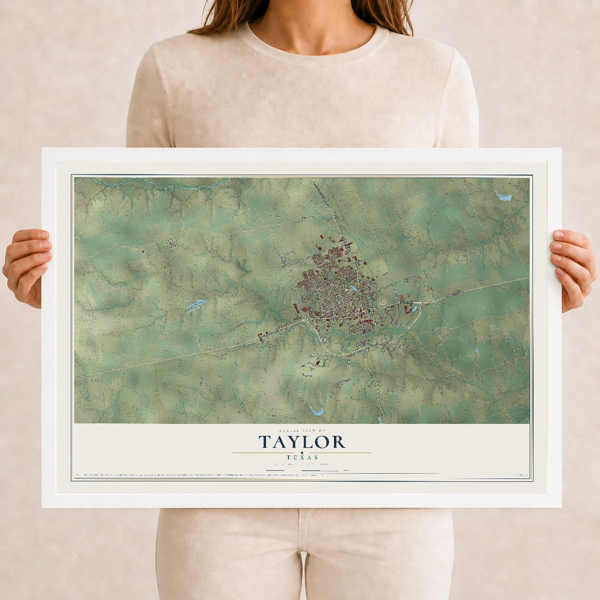 Map of Taylor, Texas, 12 x 18 inch print in a white wood frame
