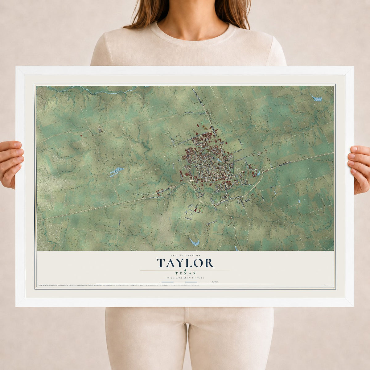 Map of Taylor, Texas, 18 x 24 inch print in a white wood frame
