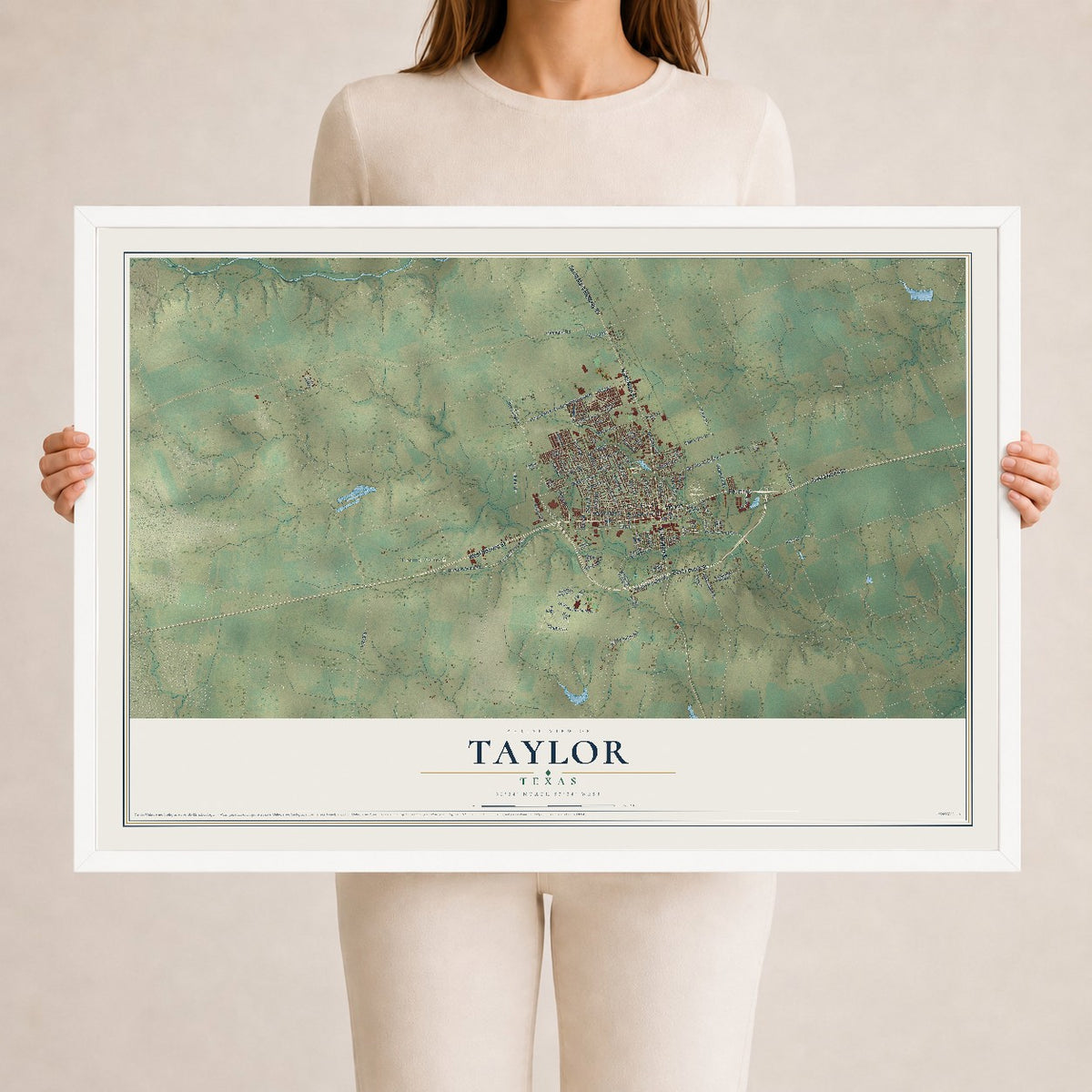 Map of Taylor, Texas, 24 x 36 inch print in a white wood frame