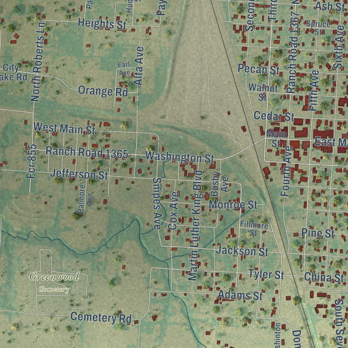 Second close-up of the map of Teague, Texas print showing more streets and buildings