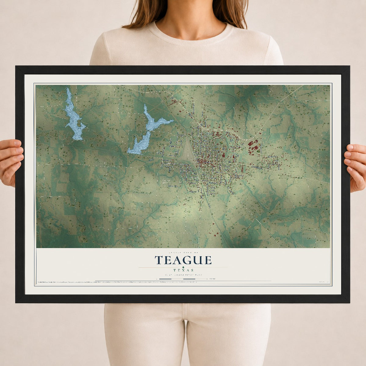 Map of Teague, Texas, 18 x 24 inch print in a black wood frame