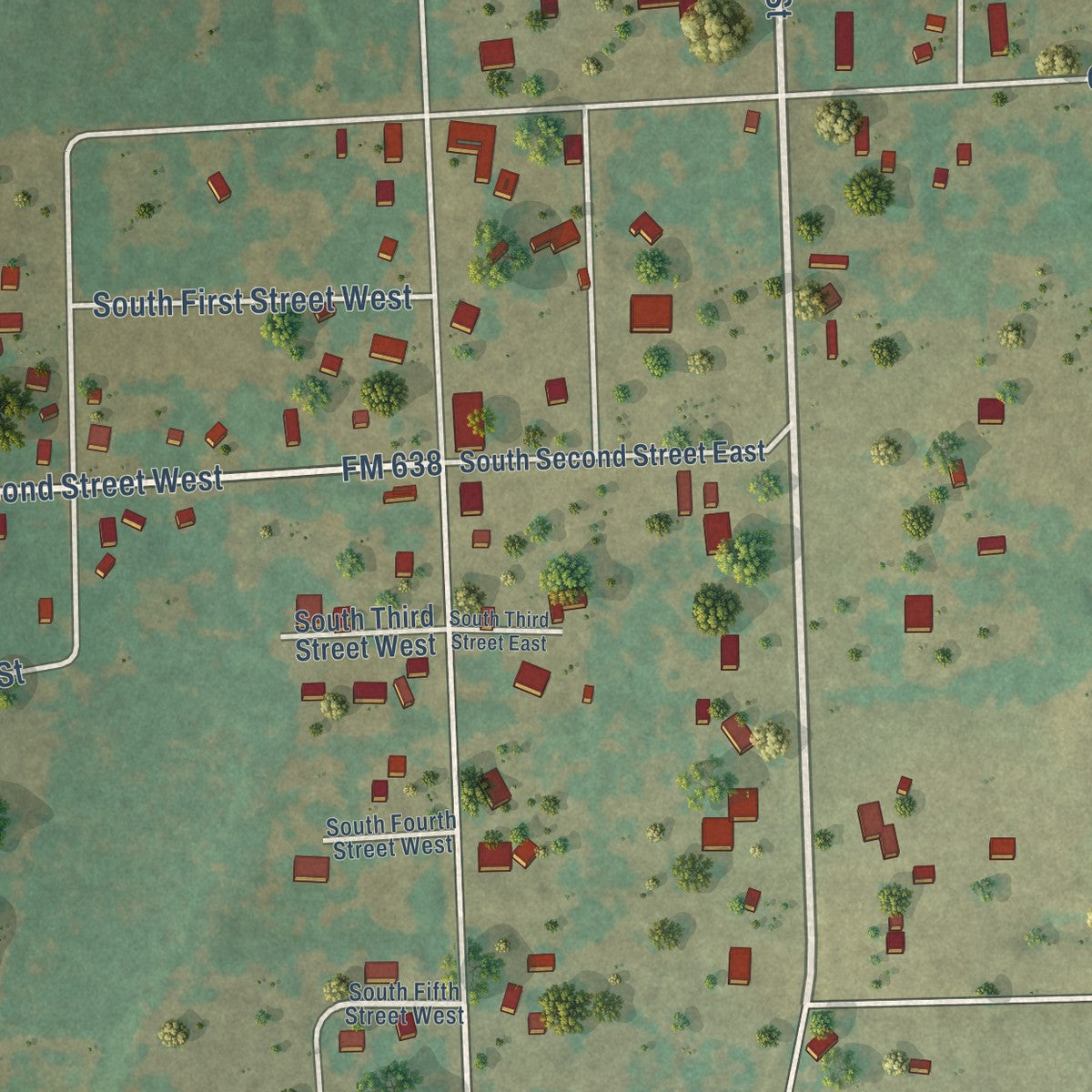 Close-up of the map of Tehuacana, Texas print showing street and building detail