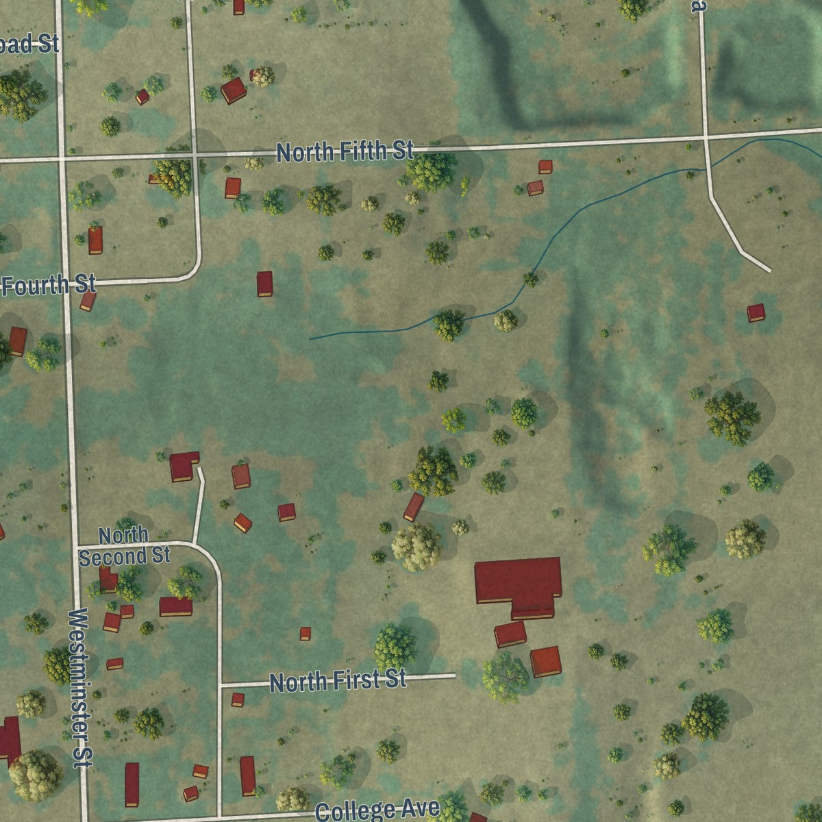 Second close-up of the map of Tehuacana, Texas print showing more streets and buildings