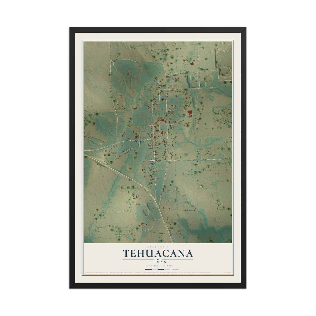 Map of Tehuacana, Texas, 12 x 18 inch print in a black wood frame