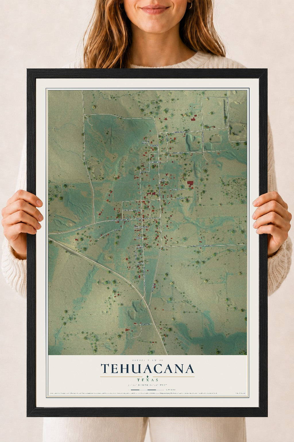 Map of Tehuacana, Texas, 18 x 24 inch print in a black wood frame