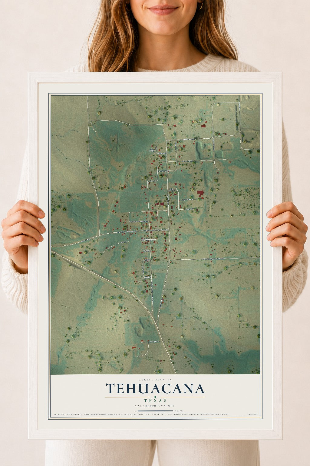 Map of Tehuacana, Texas, 18 x 24 inch print in a white wood frame