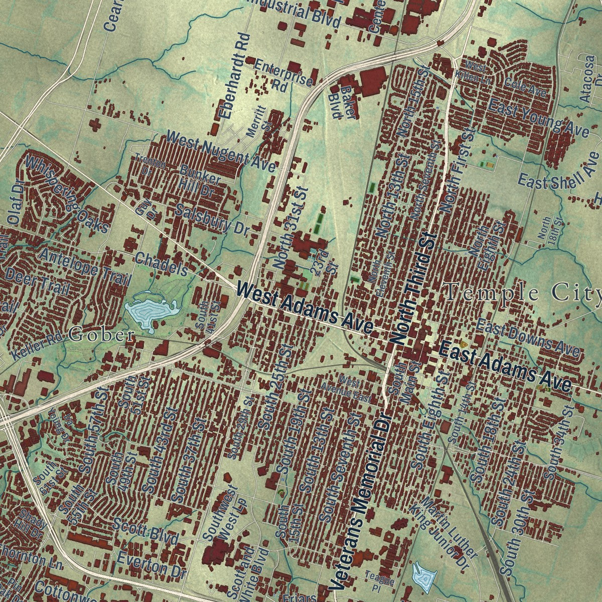 Close-up of the map of Temple, Texas print showing street and building detail