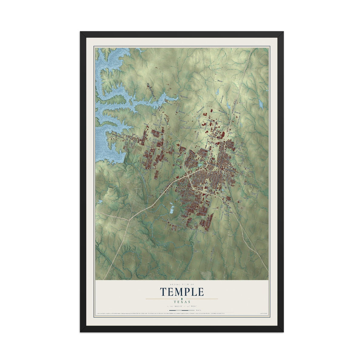 Map of Temple, Texas, 12 x 18 inch print in a black wood frame