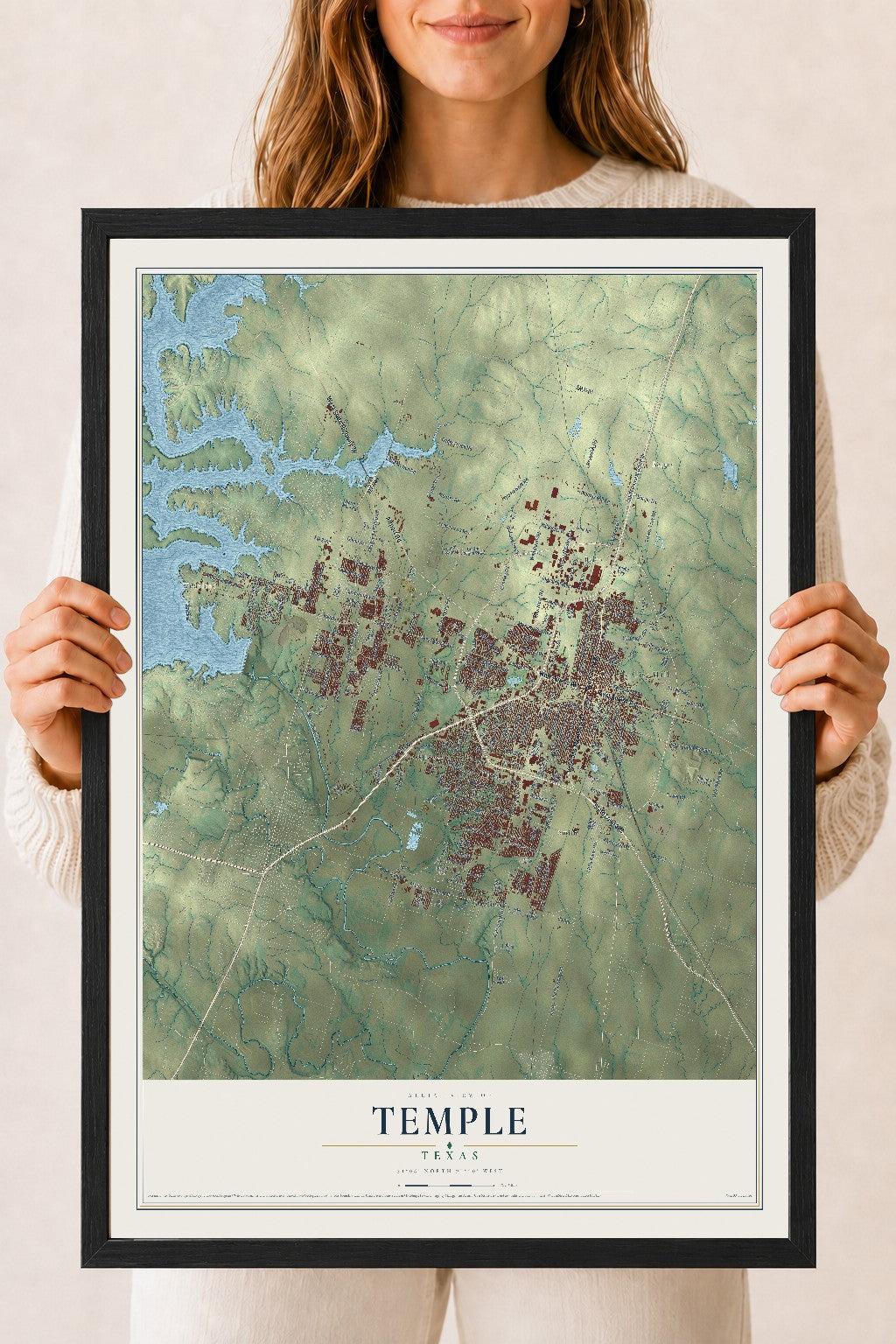 Map of Temple, Texas, 18 x 24 inch print in a black wood frame