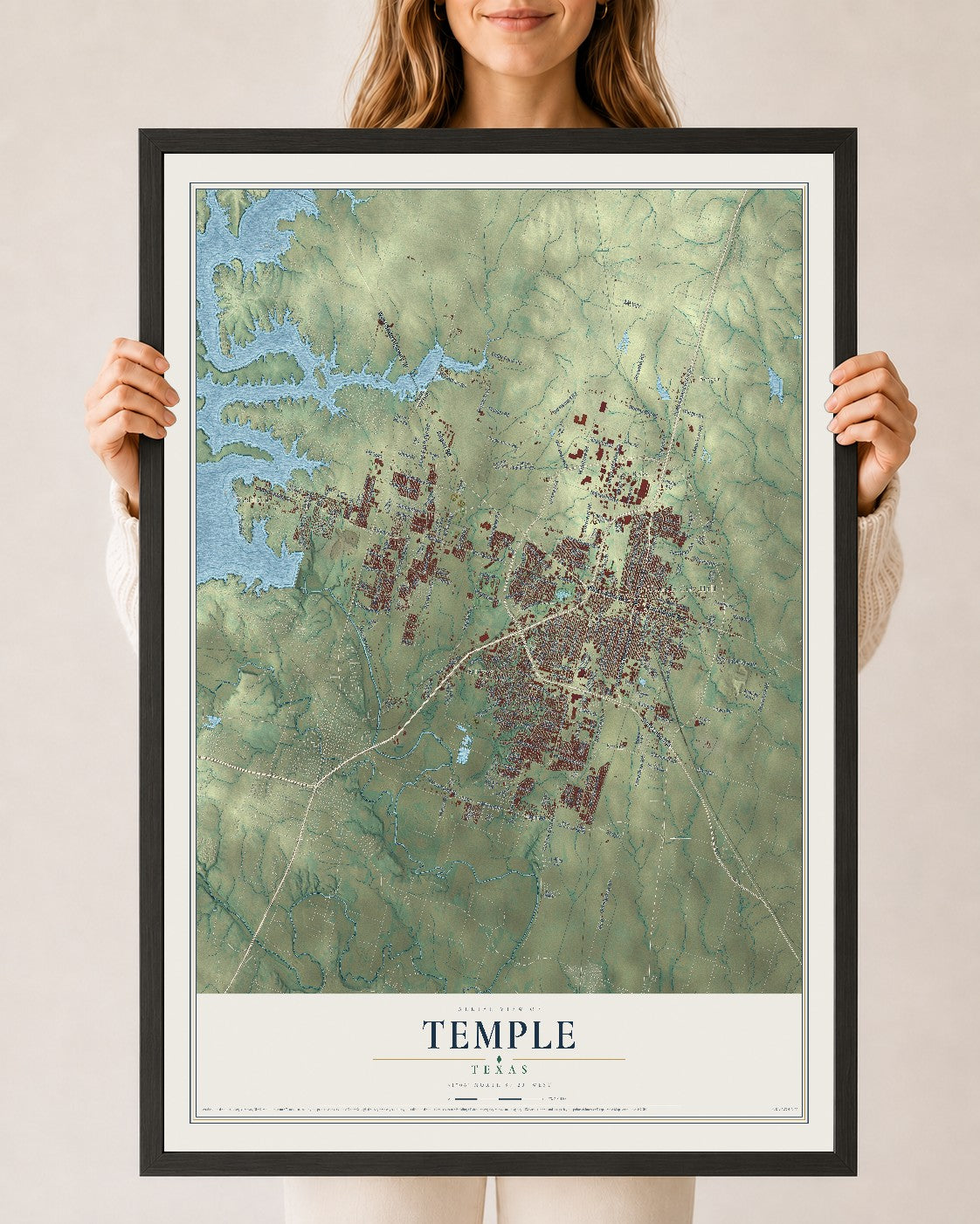 Map of Temple, Texas, 24 x 36 inch print in a black wood frame