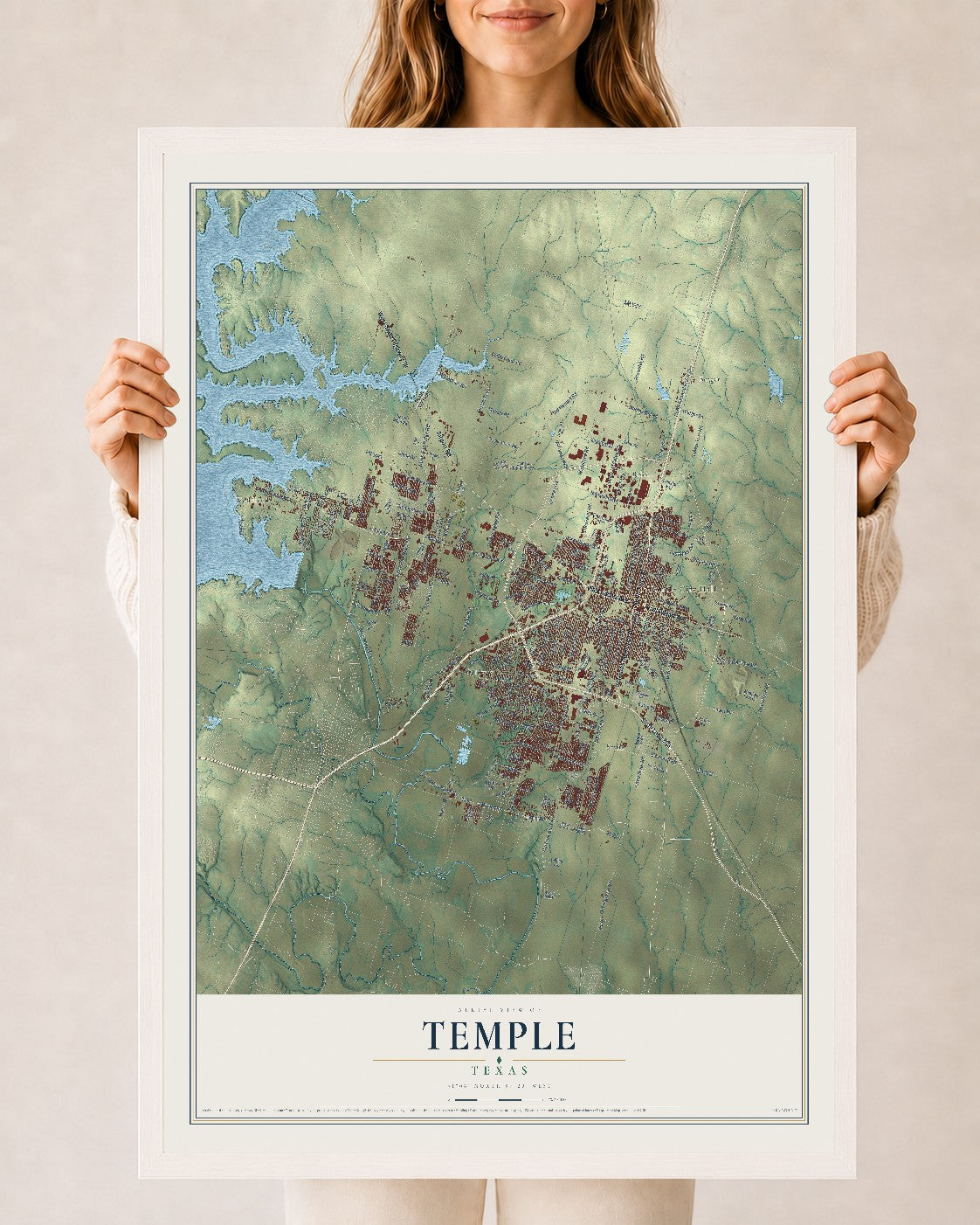 Map of Temple, Texas, 24 x 36 inch print in a white wood frame