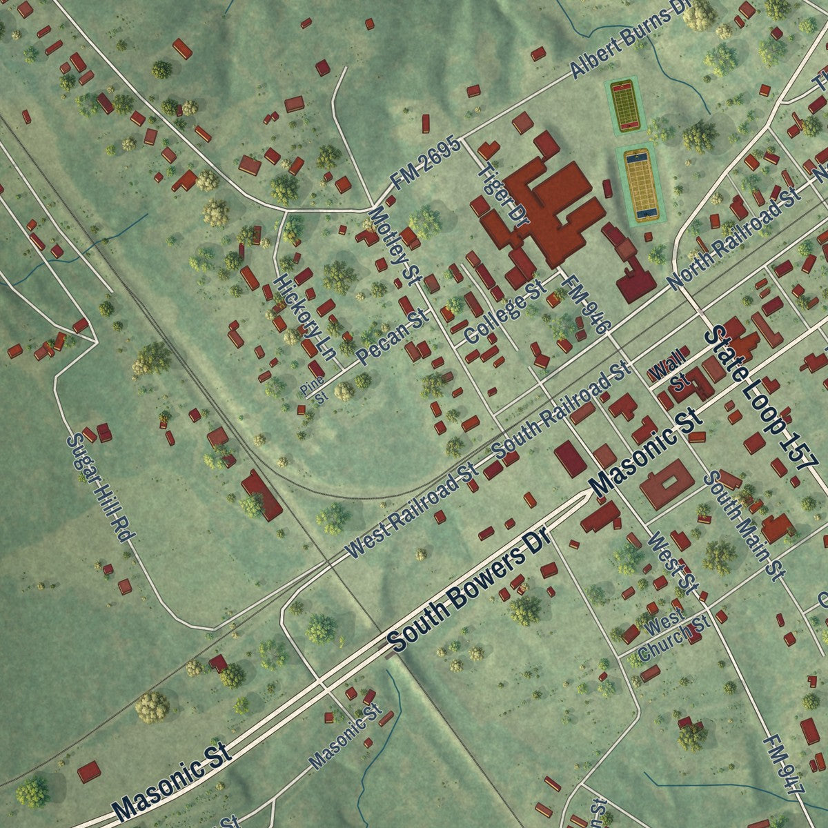 Close-up of the map of Tenaha, Texas print showing street and building detail