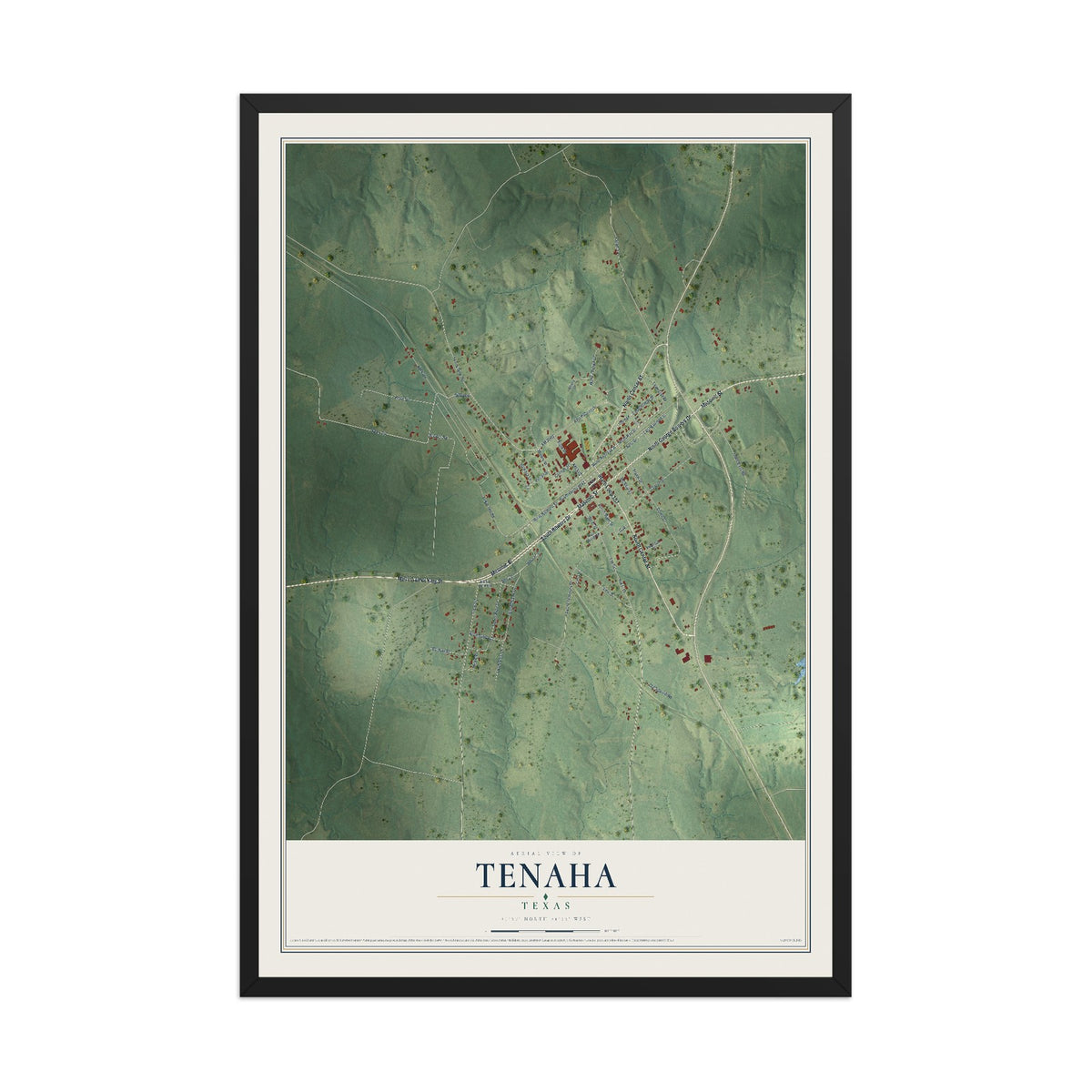 Map of Tenaha, Texas, 12 x 18 inch print in a black wood frame
