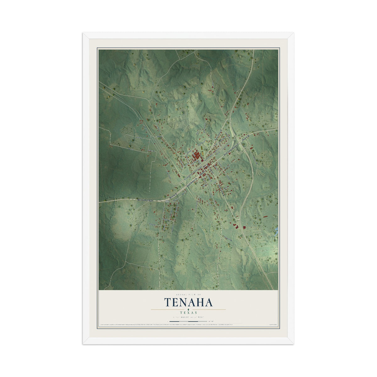 Map of Tenaha, Texas, 12 x 18 inch print in a white wood frame