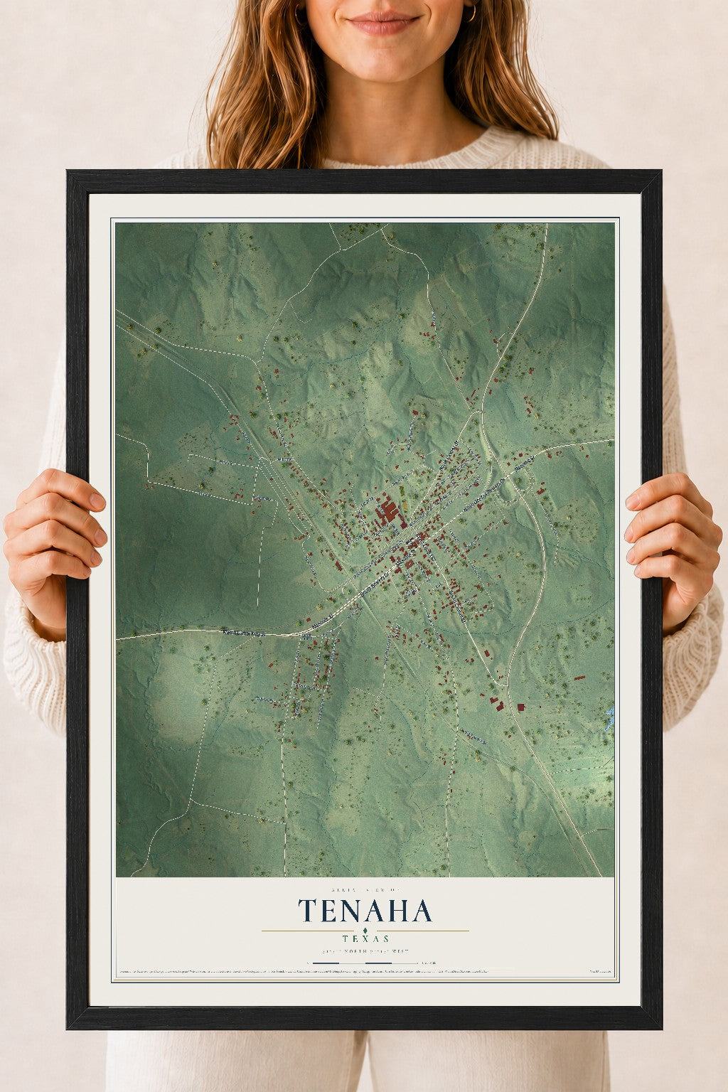 Map of Tenaha, Texas, 18 x 24 inch print in a black wood frame