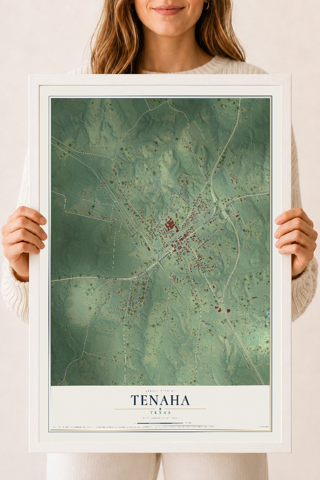 Map of Tenaha, Texas, 18 x 24 inch print in a white wood frame