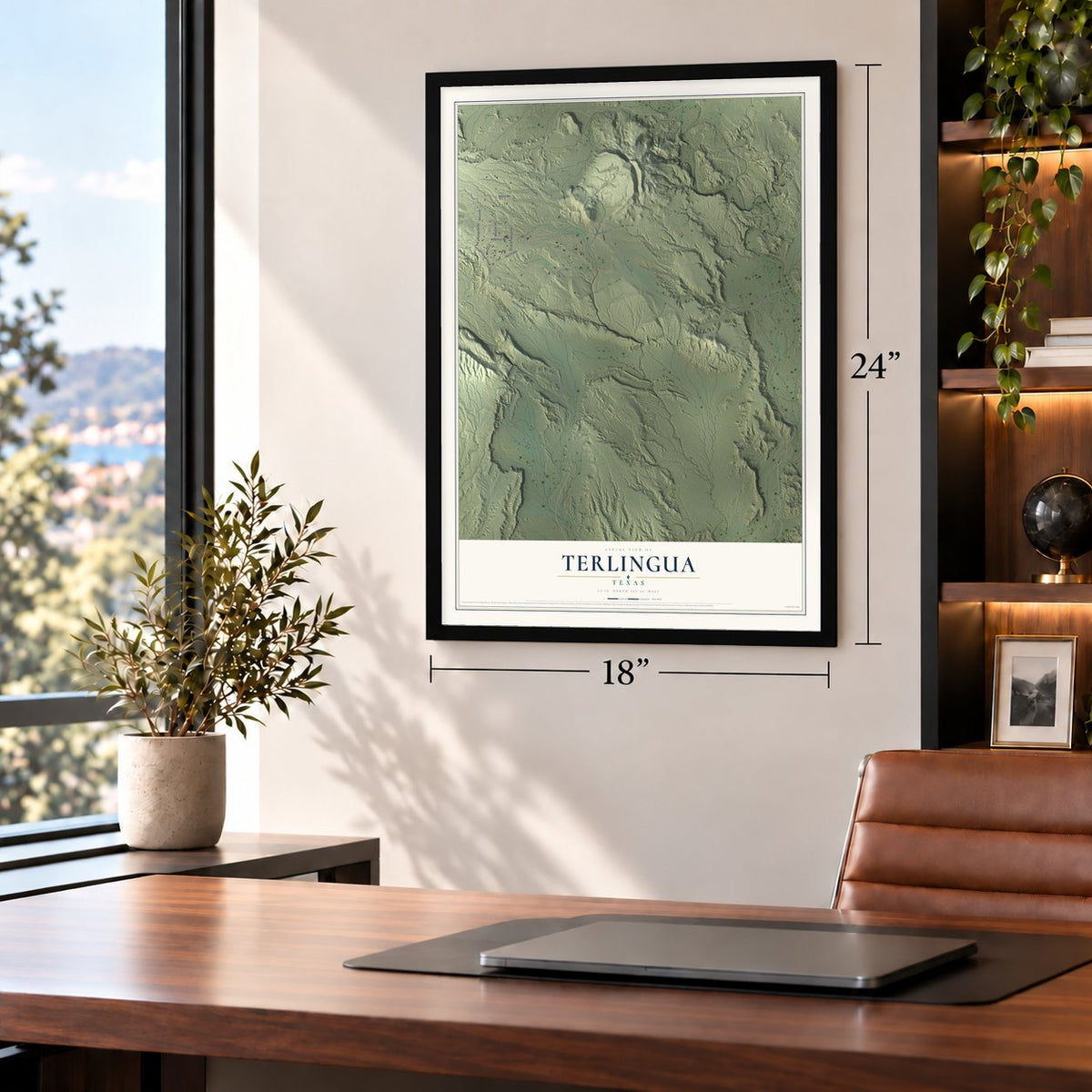 Terlingua, Texas map, 18 x 24 inch print in a black frame in a home office