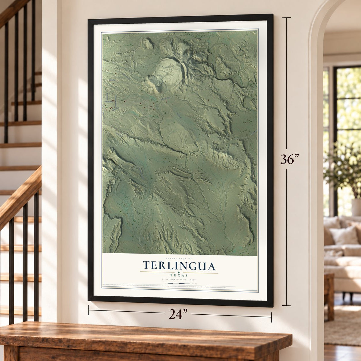 Terlingua, Texas map, 24 x 36 inch print in a black frame by a staircase