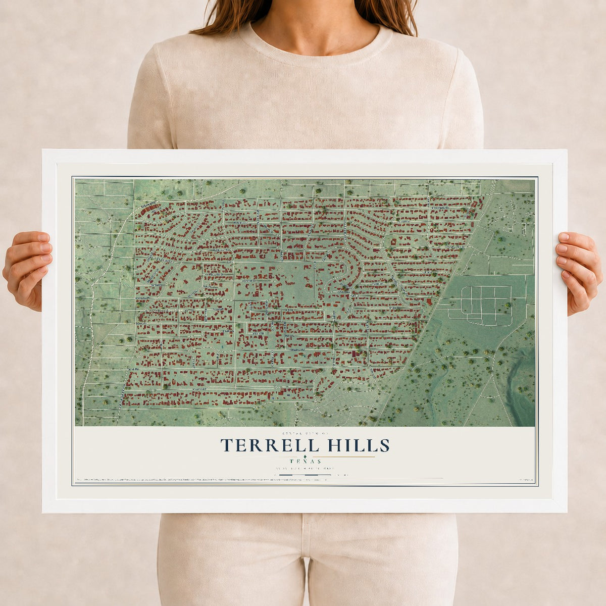 Map of Terrell Hills, Texas, 12 x 18 inch print in a white wood frame