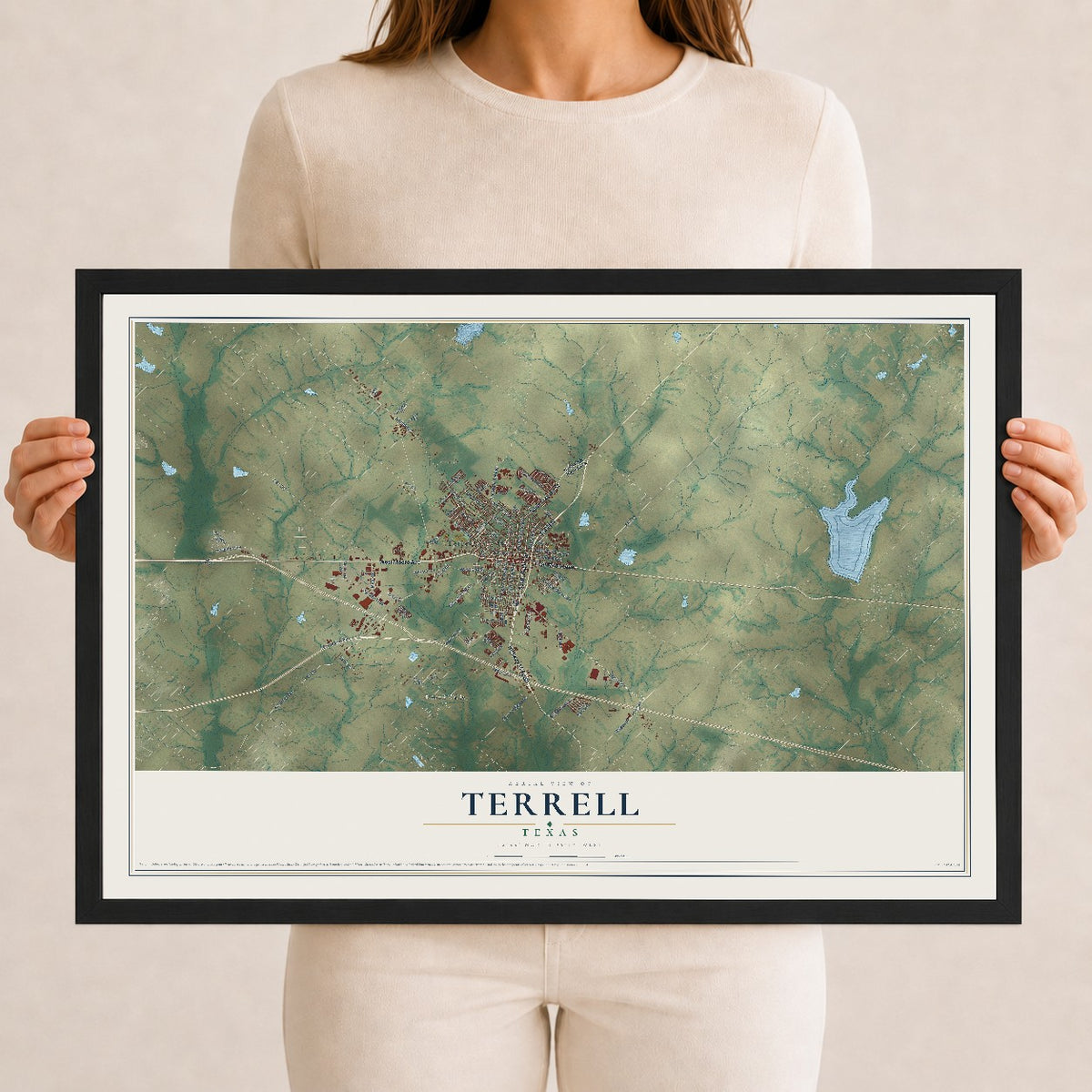 Map of Terrell, Texas, 12 x 18 inch print in a black wood frame